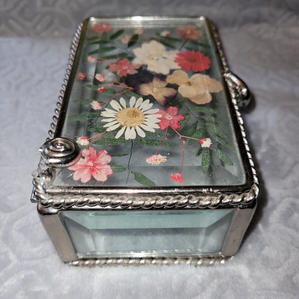 Amazing Pressed Flowers Beveled Glass Jewelry/Trinket Box - Picture 6 of 16